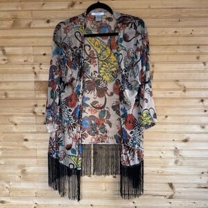 Chemistry Kimono Paisley Floral Fringe Open Front Boho Women's Size Large
